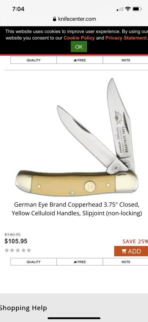 German Eye Brand Copperhead 3.75 Closed, Yellow Celluloid Handles