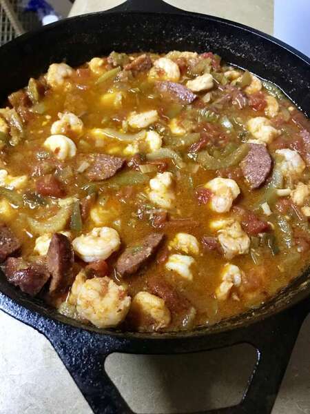 Shrimp Creole in deep cast iron skillet - Texas Hunting Forum